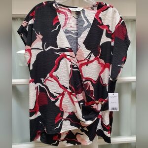 NWT Nine West Women's Abstract Floral Wrap Short Sleeve Blouse - Size XXL